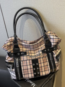 Pink and black plaid punk tote bag with silver metal chains and rivet detailing