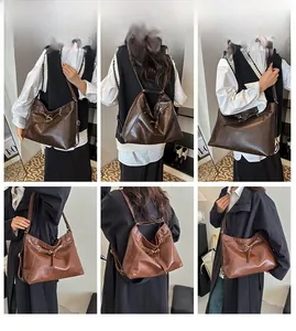 Brown vintage PU leather backpack with adjustable straps showing multiple wearing styles