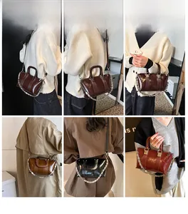 Collage of fashion models demonstrating stylish chain crossbody bags in various colors