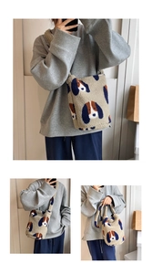 Detail view of contrast color beagle pattern on soft sherpa fleece tote bag for women