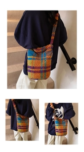 Detail view showing three angles of the colorful plaid lambswool crossbody tote bag