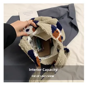 Top view showing spacious interior of the colorful floral plush lamb wool tote bag