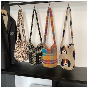 Selection of four fuzzy fleece tote bags with leopard, ethnic and cartoon patterns
