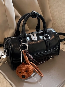 Fashion PU Leather Mini Boston Bowling Bag For Women Vintage Top Handle Crossbody Shoulder Bag With Teddy Bear Pendant