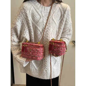 Pink tweed crossbody chain bag with floral metal detail in large and mini sizes