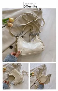 Vues détaillées du sac demi-lune blanc cassé avec chaîne argentée et ornements de rivets