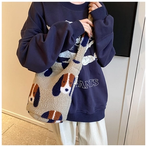 Detail of soft fleece tote bag featuring a cute Basset Hound patchwork pattern