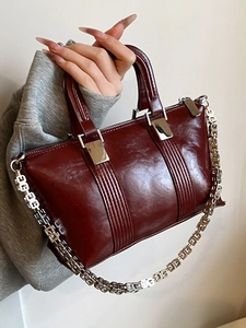 Burgundy glossy Boston bag with vintage chain strap for women professional daily commute