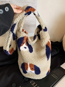 Chic sherpa tote bag with cute cartoon dog pattern and soft plush shoulder handle