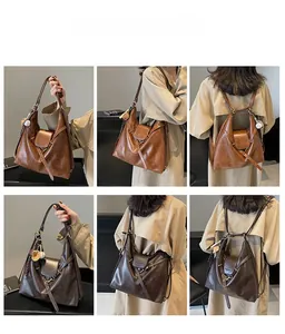Detail view of large faux leather tote showing multiple ways to wear in brown and dark coffee