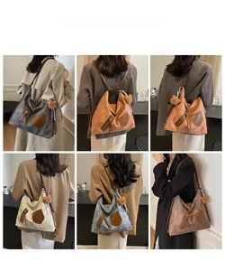 Detailed views of vintage large-capacity tote bags in five colors with bear charm and scarf