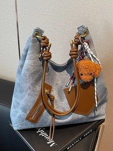 Borsa Tote Vintage in Pelle PU per Donna Borsa a Tracolla di Grande Capacità Con Pendente a Orsetto Colore a Contrasto