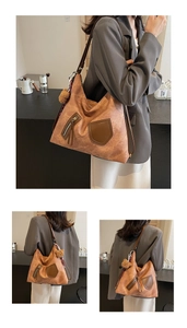 Detail of vintage brown leather hobo bag with front pocket and cute bear charm