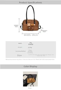 Detail showing brown suede finish PU leather with cute cartoon plush patches and black handle