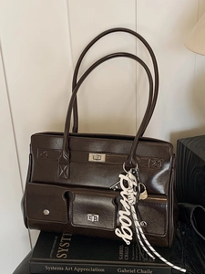 Vintage PU Leather Shoulder Bag Large Capacity Tote Bag Lock Design Commuter Hobo Bag For Women Daily Solid Color Fashion Messenger Bag With Multi Pockets Handbag