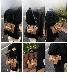 Brown frosted leather crossbody bag with cute plush cookie charms shown on models