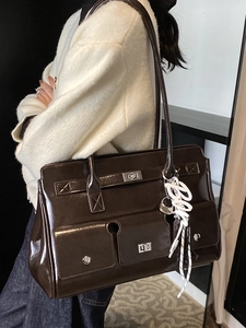 Retro dark brown large capacity faux leather satchel shoulder bag for business women