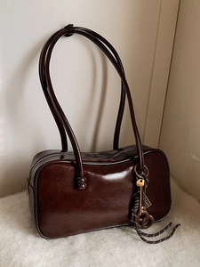 Sac à Épaule Boston en Cuir PU Vintage Femme Rétro Sophistiqué Cire à l'Huile Minimaliste Brillant Navette Automne