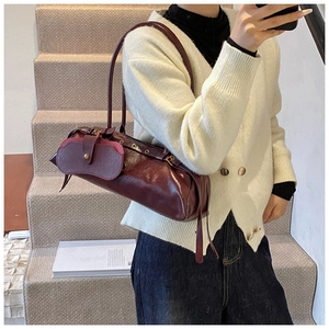 Retro burgundy oil wax leather baguette bag with metal eyelets and mini pouch charm