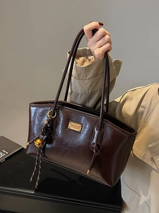 Retro coffee brown oil wax leather shoulder bag with gold metal plate and bell charm