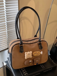 Retro Brown PU Shoulder Bag For Women Cute Cartoon Biscuit Plush Patches Large Capacity Zipper Handbag Commute Tote Bag