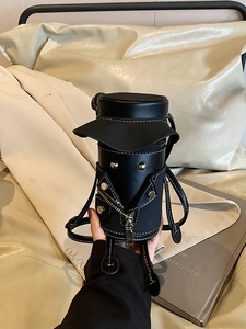 Unique cartoon human-shaped black leather crossbody bag with creative hat and jacket design