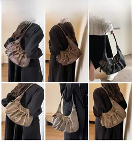 Collage of chic pleated leather shoulder bags in black, brown and taupe colors