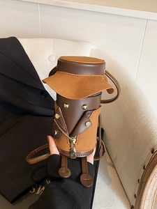 Creative cartoon cylinder shoulder bag in brown leather with hat design and metal rivets