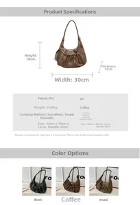 Detailed size chart for retro pleated underarm bag showing dimensions 30x18x12cm and weights