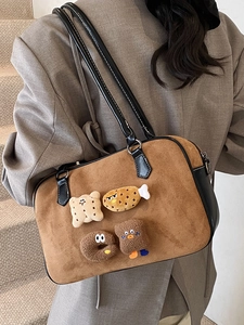 Vintage brown suede shoulder bag with cute cartoon patches and black leather trim