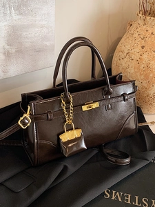 Vintage Glossy PU Leather Tote Bag For Women Elegant Business Briefcase With Mini Charm Metal Lock Crossbody Shoulder Bag