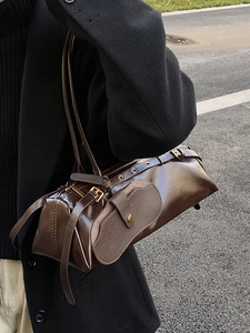 Retro dark brown oil wax leather baguette shoulder bag with stylish metal buckle detail