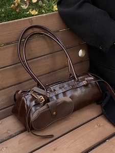 British style retro dark brown oil wax leather cylinder handbag for autumn and winter fashion