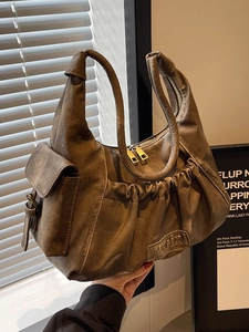 Retro PU Leather Ruched Underarm Shoulder Bag For Women Maillard Style Hobo Dumpling Bag Solid Color Fashion Handbag