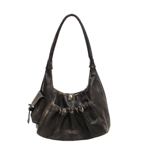 Retro vintage pleated hobo bag in metallic dark coffee leather with a side pocket