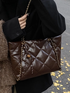 Chic quilted rhombus tote bag in deep coffee brown with chain strap for women