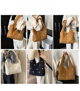Quilted tote bag with bear embroidery shown in three colors and various carrying styles