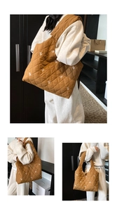 Brown quilted tote bag featuring white bear embroidery and lightweight nylon texture