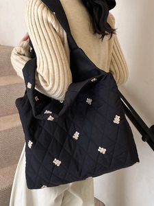 Black quilted tote bag with bear embroidery for women, casual large shoulder bag