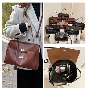 Three-way view of retro leather tote bag showing style, color options and large interior