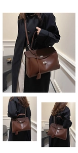 Multiple views of a brown leather satchel showing top handle and adjustable shoulder strap