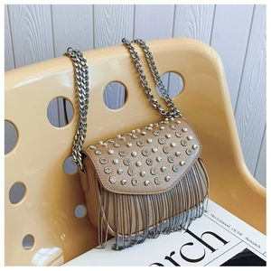 Detail of crossbody bag with metallic studs, chain fringes, and bold silver shoulder strap