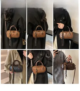 Detail shots showing retro Boston bag with woven tassel charm in diverse wearing styles