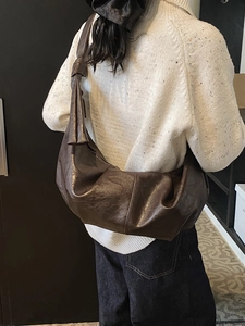 Retro large brown pleated crescent hobo bag with stylish knot strap on shoulder