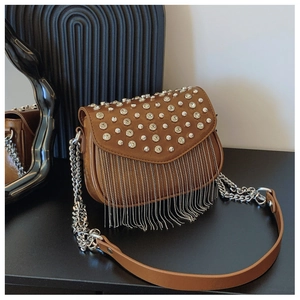 Detail shot of brown rhinestone crossbody bag with silver fringe and metal chain strap