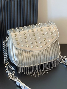 Women Rhinestone Tassel Crossbody Bag PU Leather Rivet Punk Style Small Square Shoulder Bag Streetwear Party Handbag