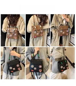 Detailed views of vintage faux leather backpacks showing retro patches and woven handles