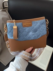 Women Quilted Contrast Color Bucket Bag PU Leather Wide Strap Crossbody Bag Retro Fashion Commuter Shoulder Bag Ladies Handbag