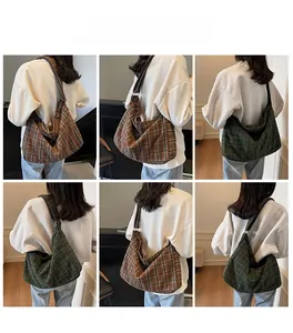 Fashion plaid hobo shoulder bag with large capacity in brown and dark green patterns