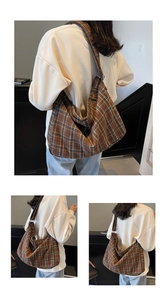 Detailed views of a large checkered hobo bag with retro brown patterns and soft texture